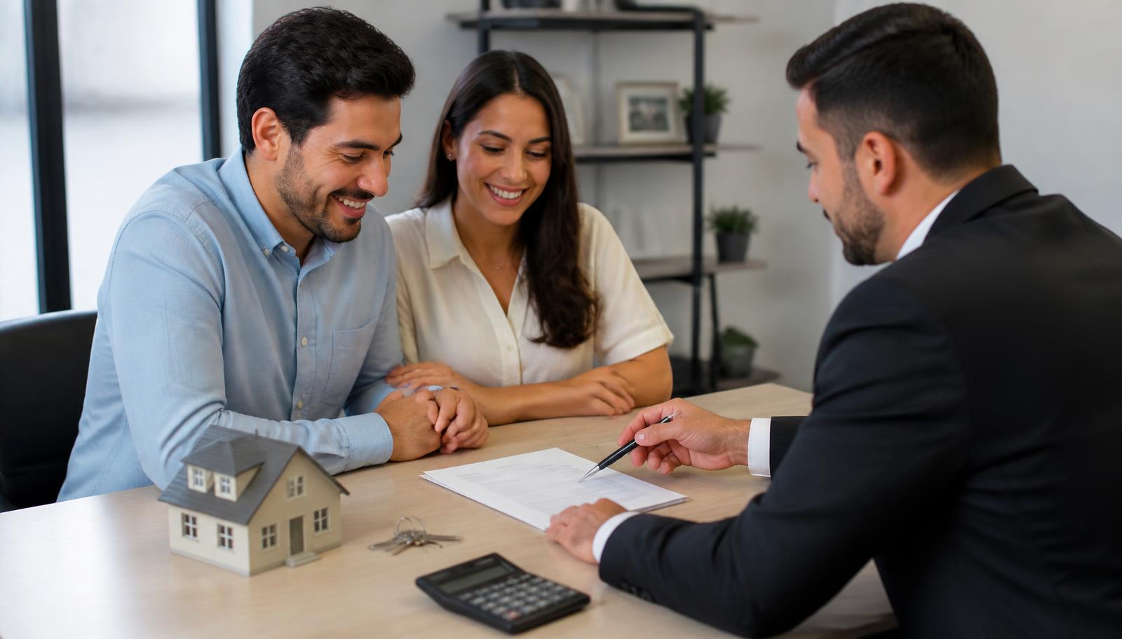Casal analisando contrato de financiamento imobiliário com corretor, chaves e maquete de casa sobre a mesa
